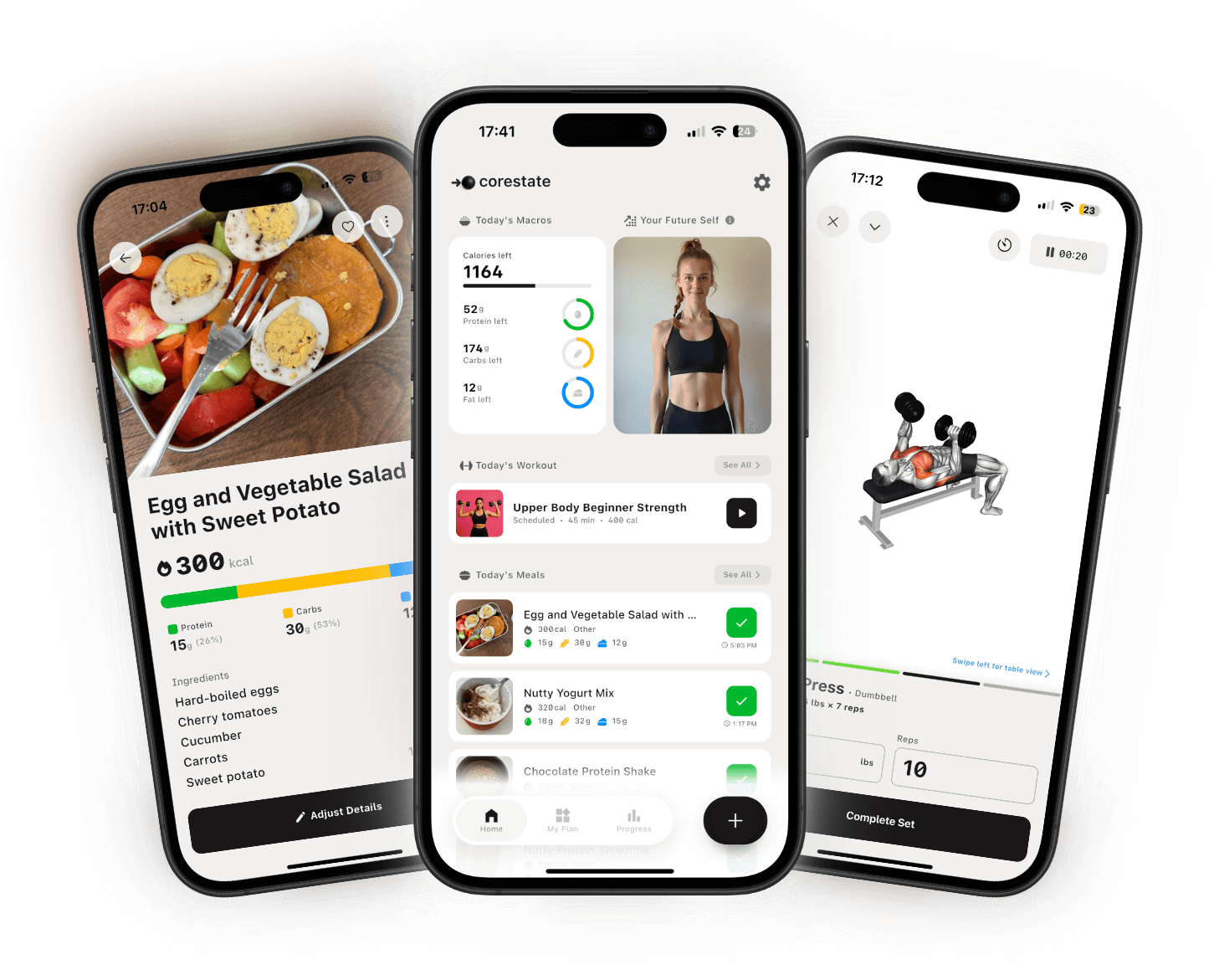 corestate App Screenshots showing meal tracking, dashboard, and workout features